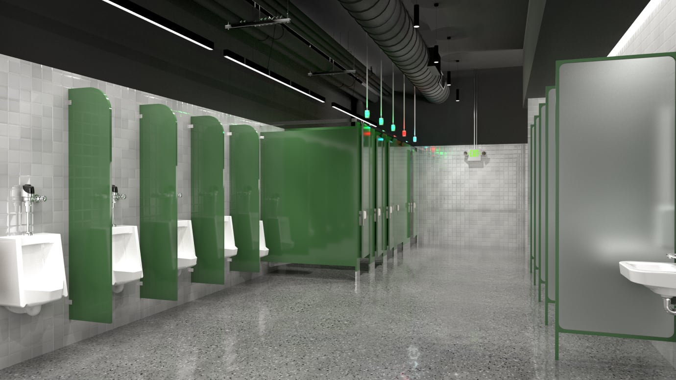 View of urinals and water closets in a public restroon