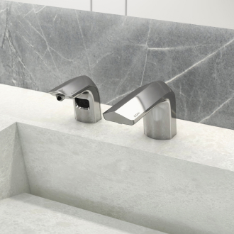 Sensor faucet in context, polished brass finish